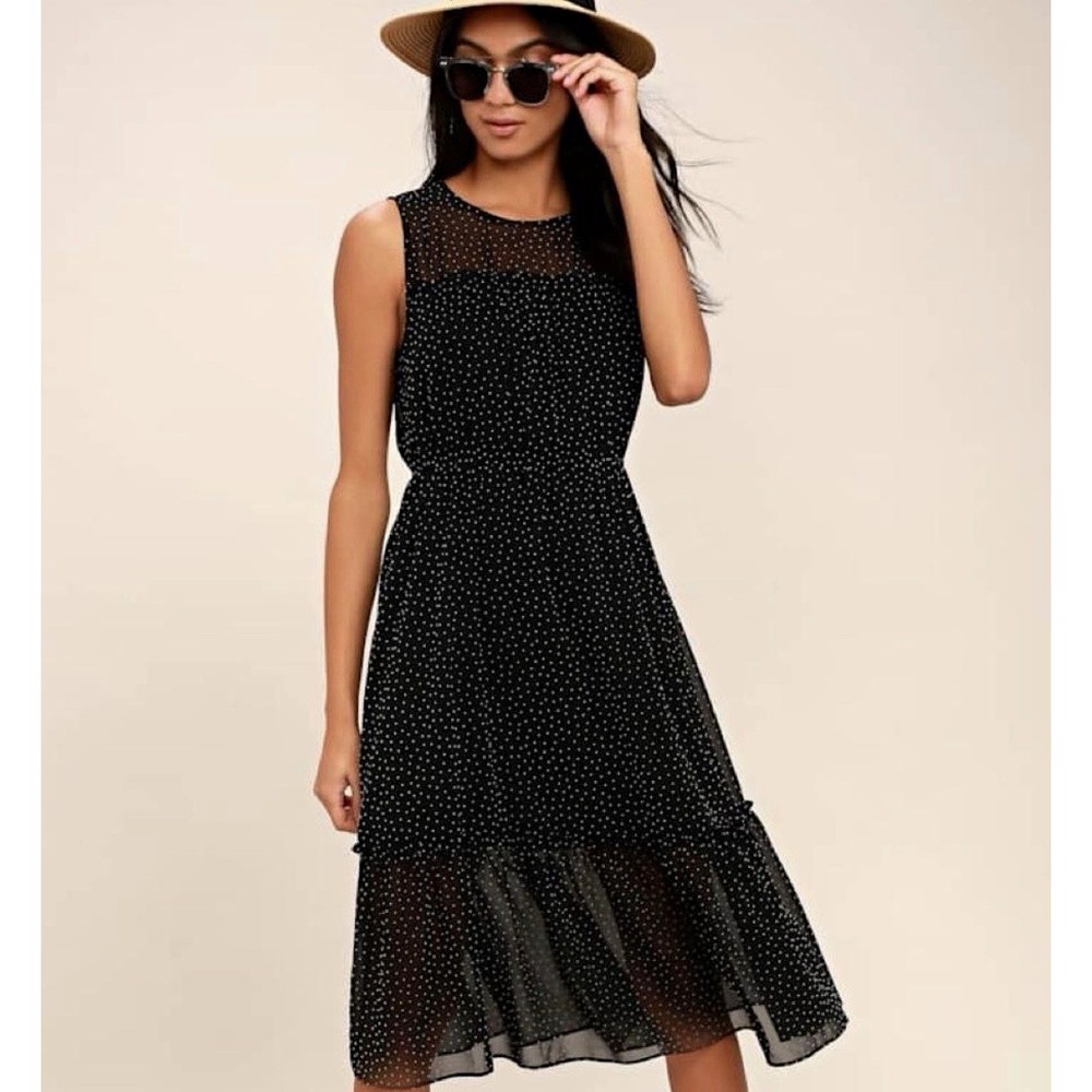 Lulus Dress Women's XS Black White Polka Dot Chiffon Midi A-Line Sleeveless